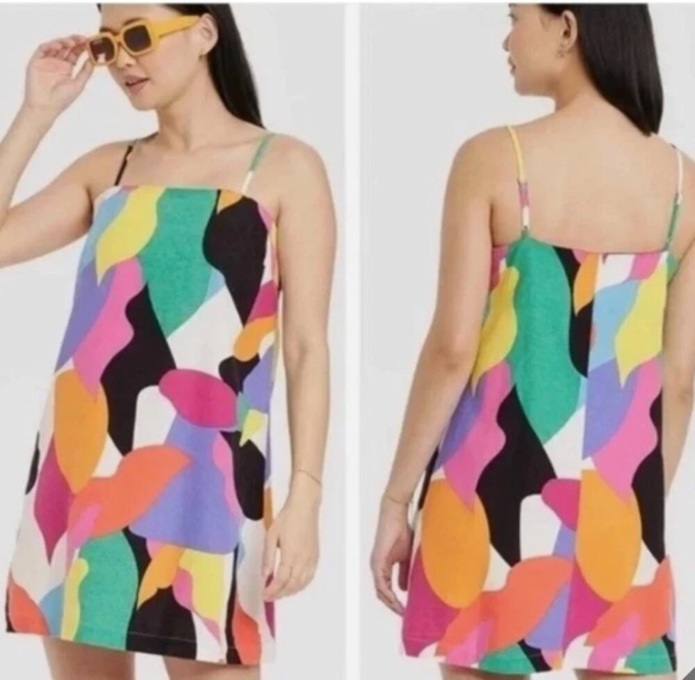 A New Day Women’s Abstract Print Linen Blend Mini Dress Size M Colorful Resort